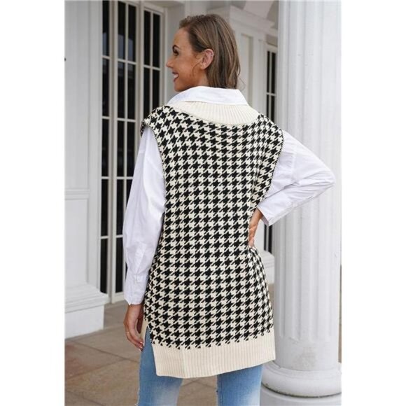 Beige Oversized Houndstooth Printed Knit Sweater Vest V Neck Sleeveless Sweater - Picture 4 of 7